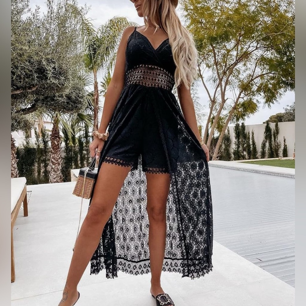 Elegant Black Lace Overlay Romper/Dress With Floral Pattern